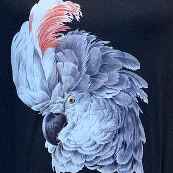 Upcycled Hand Printed Large White Cockatoo Parrot Ukraine Artist Fundraiser Tee - Picture 2 of 5